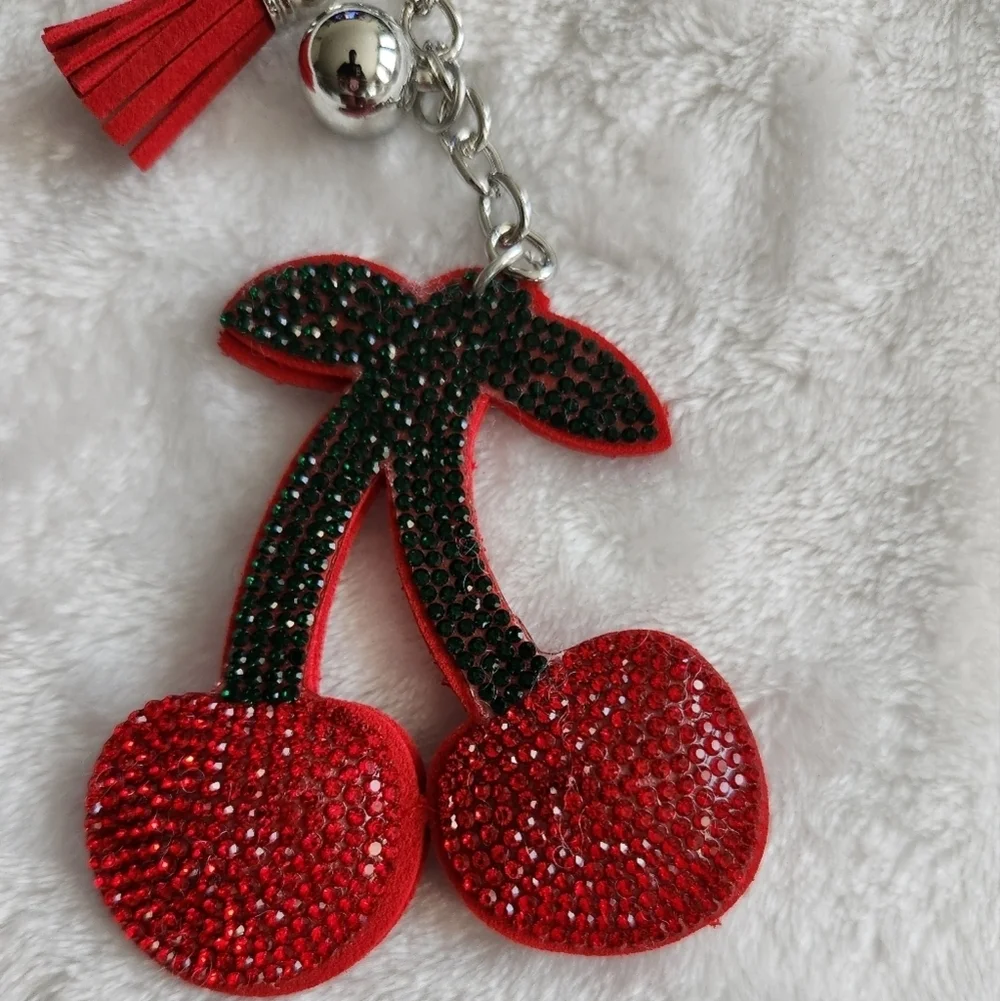 Red Cherry Rhinestone Keychain with Tassel Bag Purse